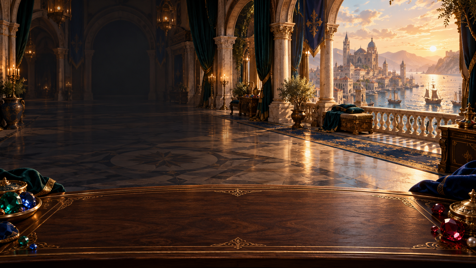 Golden light falls across a palace overlooking a jewel-blue harbour