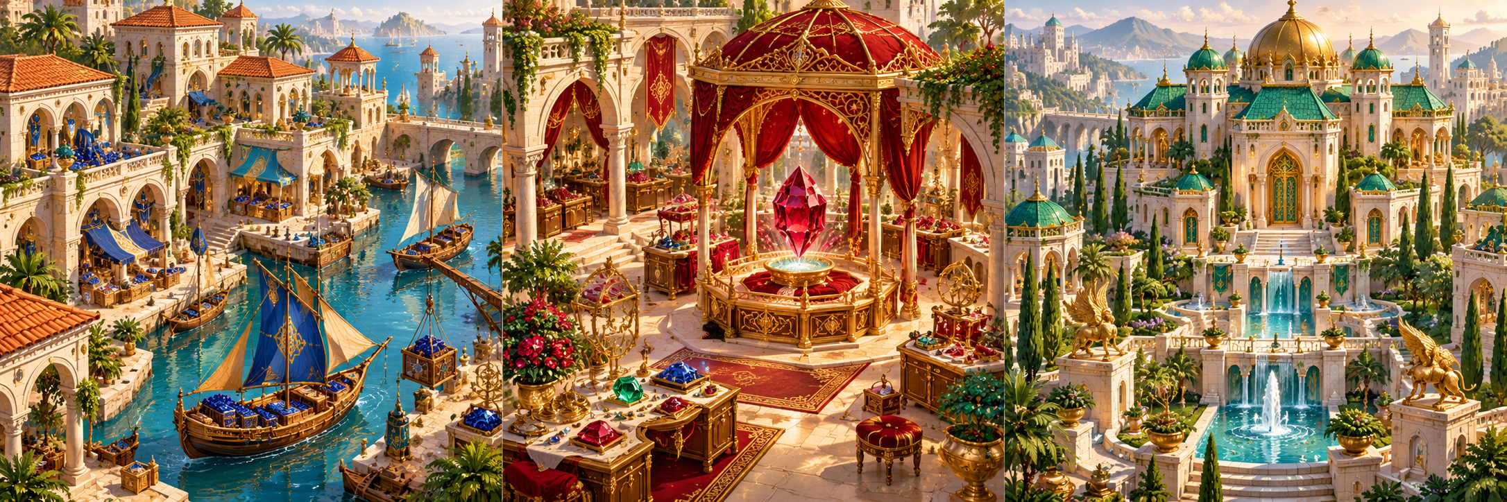 An imagined harbour, a jewel-filled market and a royal court from our concept studies